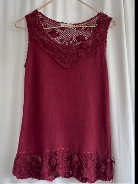 VIntage INGEBORG Knits tank pointelle knit sweater with floral crochet detail